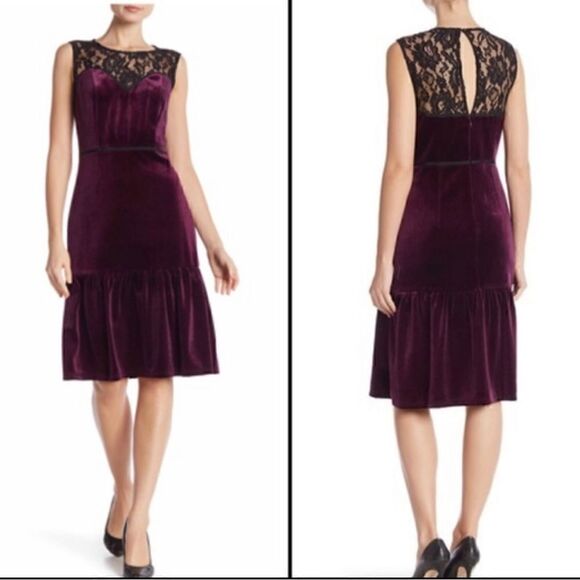 NANETTE lepore Purple Velour Sweetheart Illusion Lace Yoke Sleeveless Dress - Picture 10 of 10